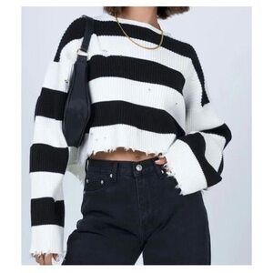 Princess Polly London Bridge Distressed Fray Crop Sweater Black White